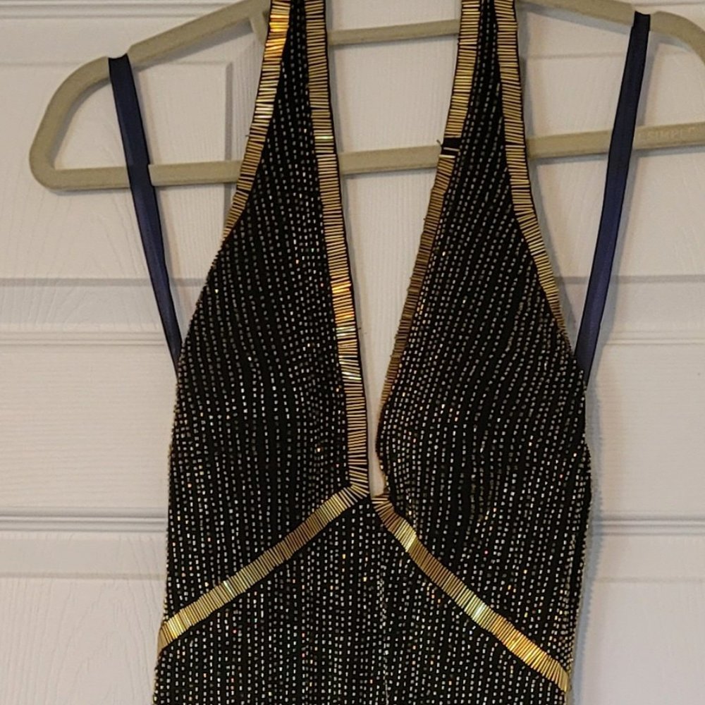 JOVANI Black w/Gold Beading Sexy Evening Long Dress Gown with Plunging V-Neck